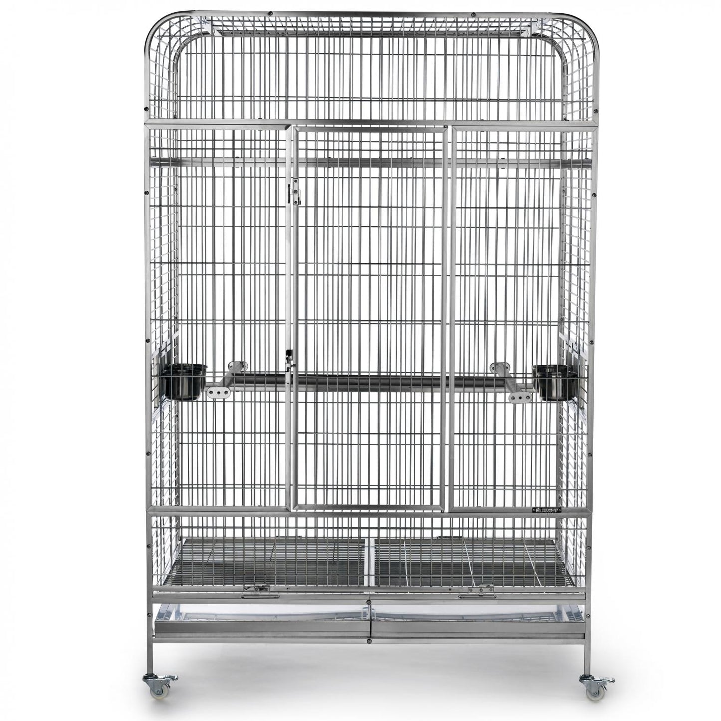 Large metal bird cage on wheels with multiple levels and perches on a white background