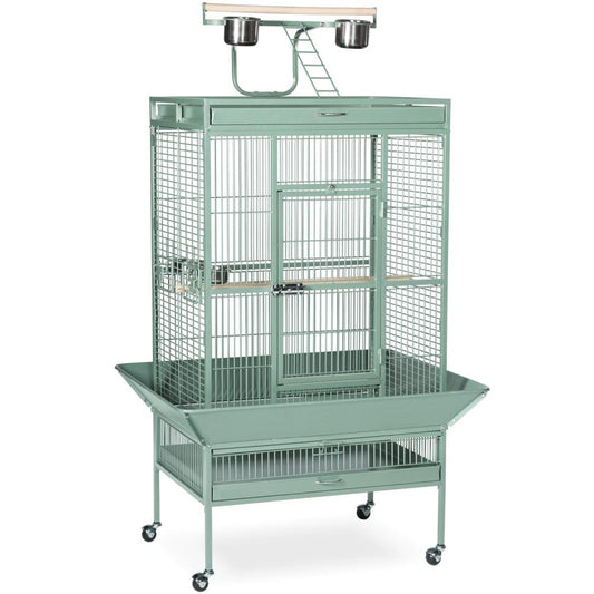 Green bird cage with wheels on a white background