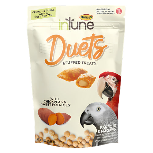 A stand-up pouch of Huggies intune Duets Stuffed Treats for birds, featuring chickpeas and sweet potatoes, with illustrations of a red parrot and a gray macaw on a white background.