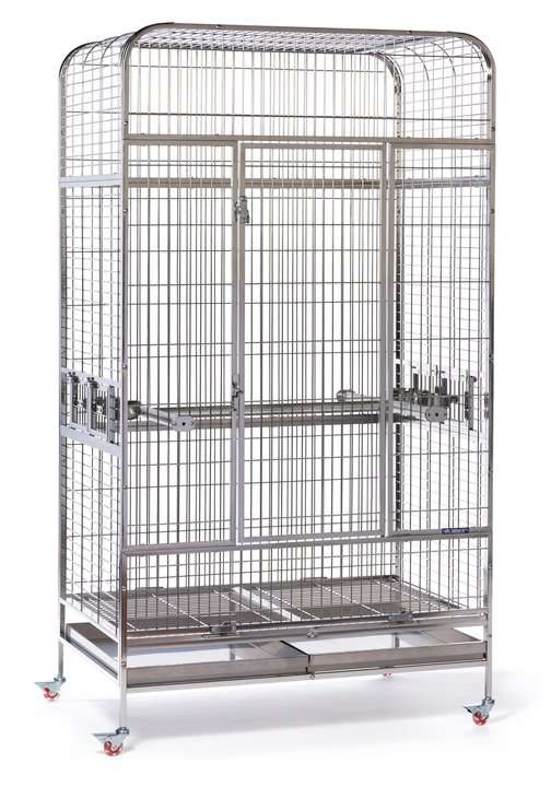 Large metal bird cage with multiple levels on a white background