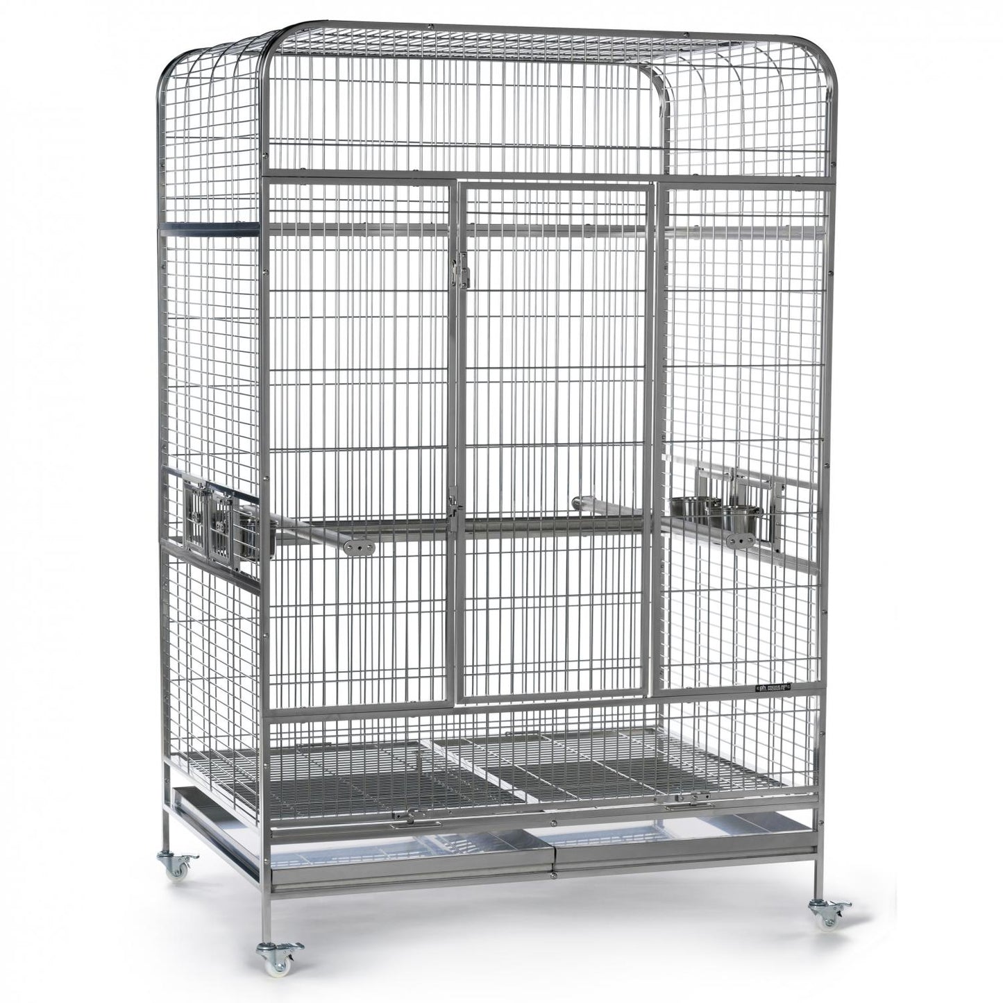 Large metal bird cage on wheels with multiple levels and a top cover
