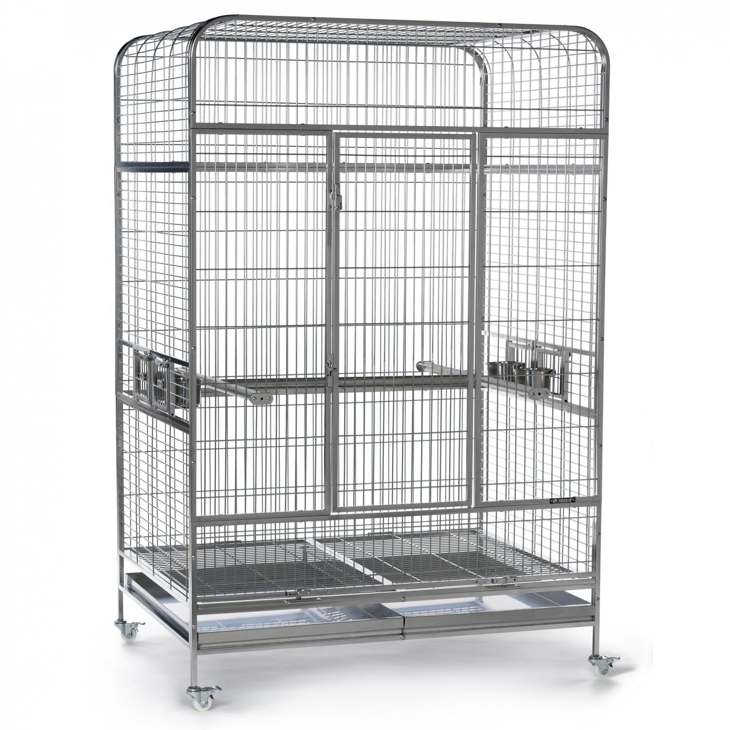 Large metal bird cage on wheels with multiple levels and a top cover