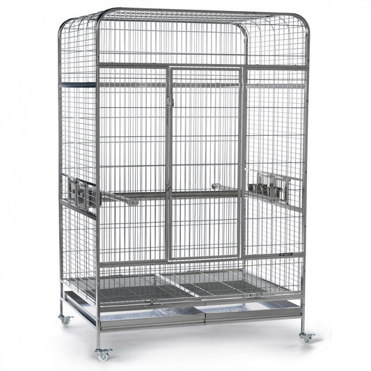 Large metal bird cage on wheels with multiple levels and a top cover
