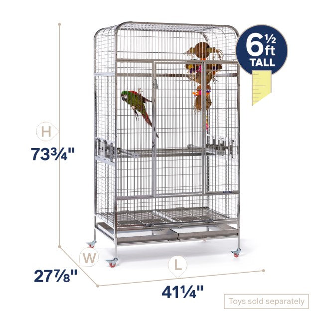 Large bird cage with dimensions and a parrot inside on a white background