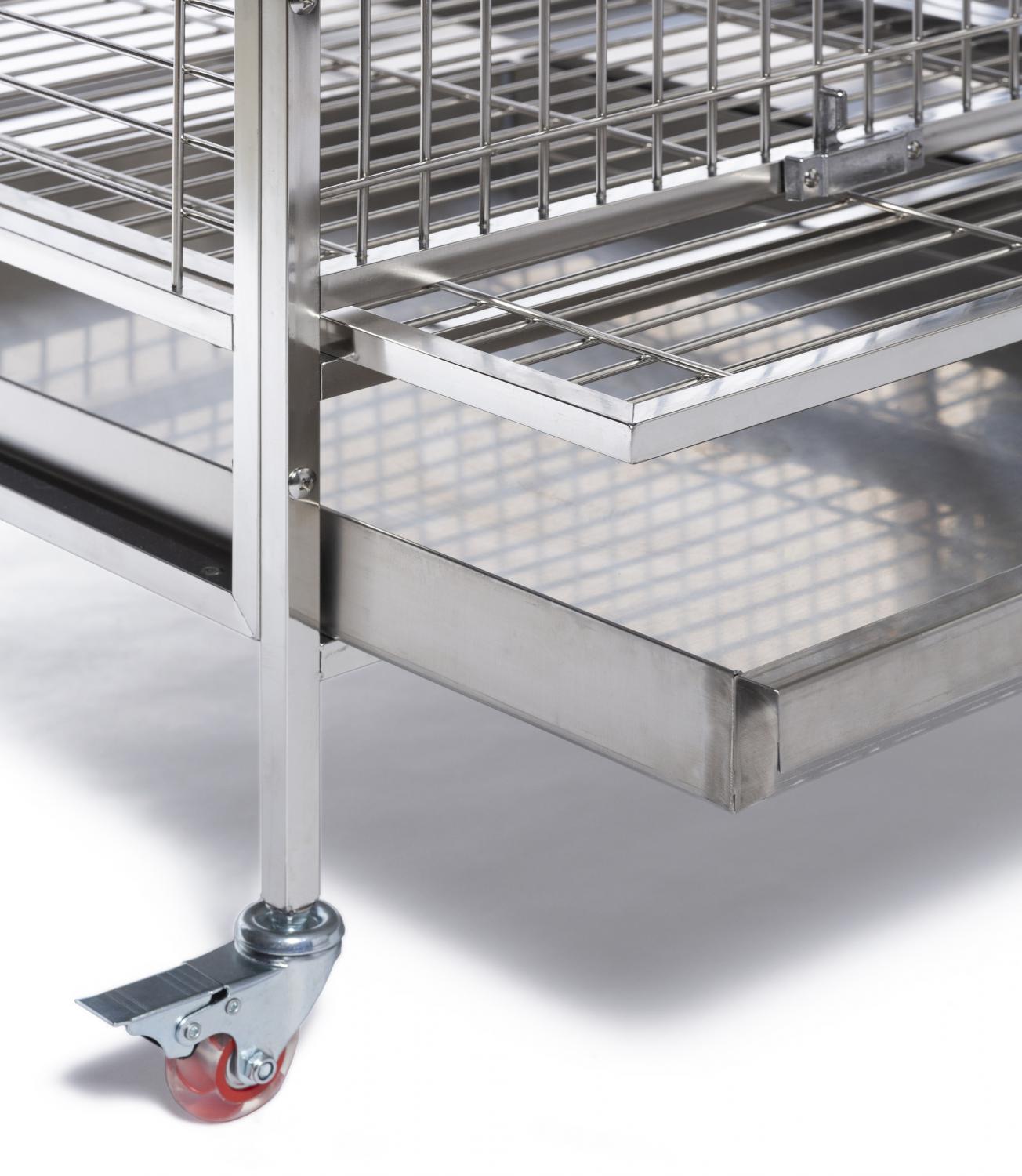 Stainless steel cart with wheels on a white background