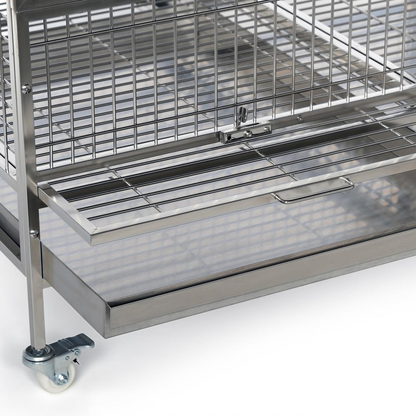Stainless steel bird cage with wheels on a white background