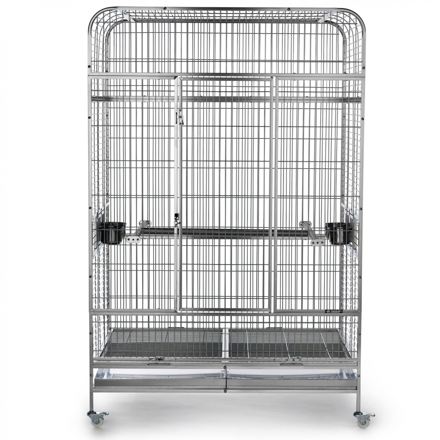 Large metal bird cage on wheels with multiple levels and perches on a white background