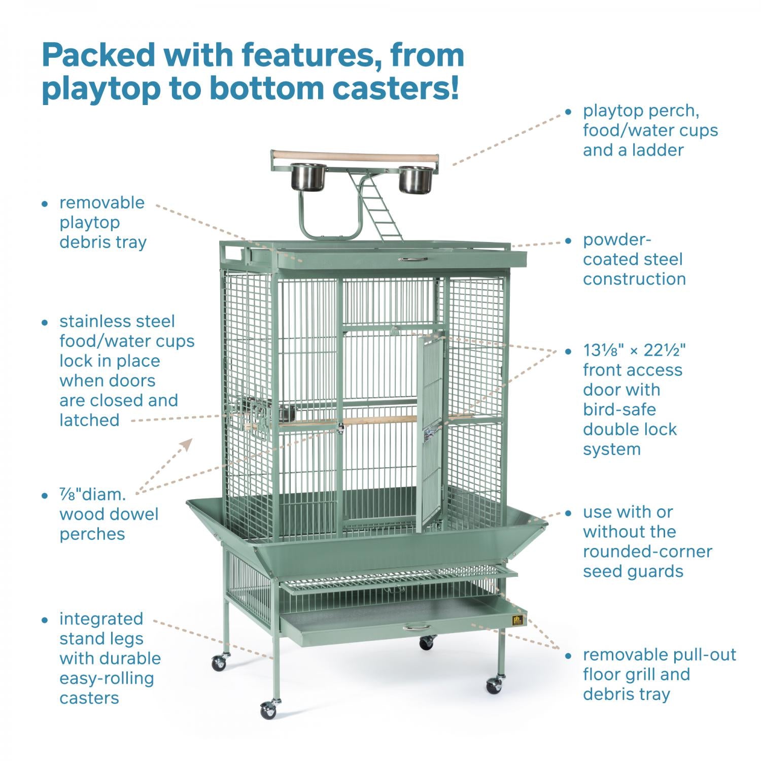 A large green poultry coop with callouts and text explaining its features, such as removable perch debris tray, stainless steel food/water cups, powder-coated steel construction, and integrated stand legs, on a white background.