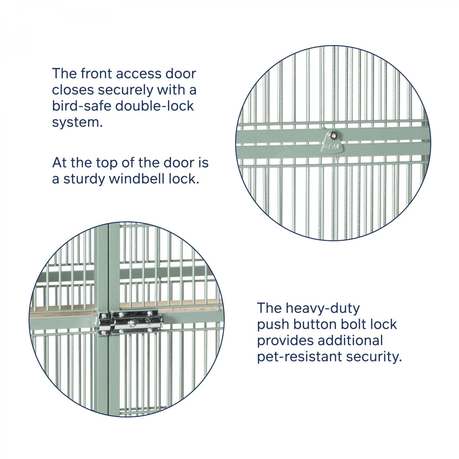A product feature diagram showing a metal pet gate with text callouts highlighting a bird-safe double-lock system, a windbell lock at the top, and a heavy-duty push button bolt lock, with two circular close-up views on a white background.