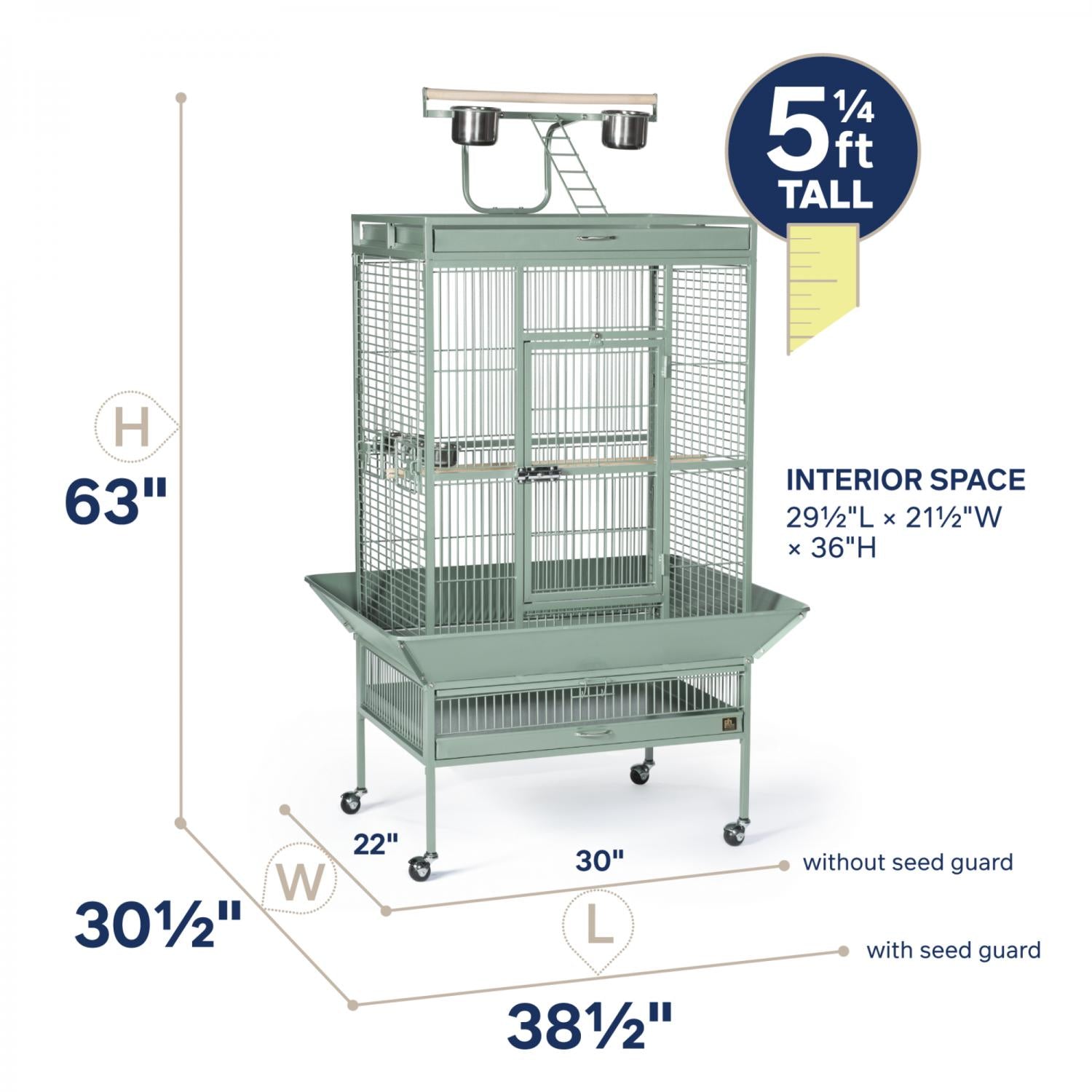 A large green wire bird cage with a feeder on top and a tray below, shown with dimension labels and text indicating height, width, and interior space measurements on a white background.