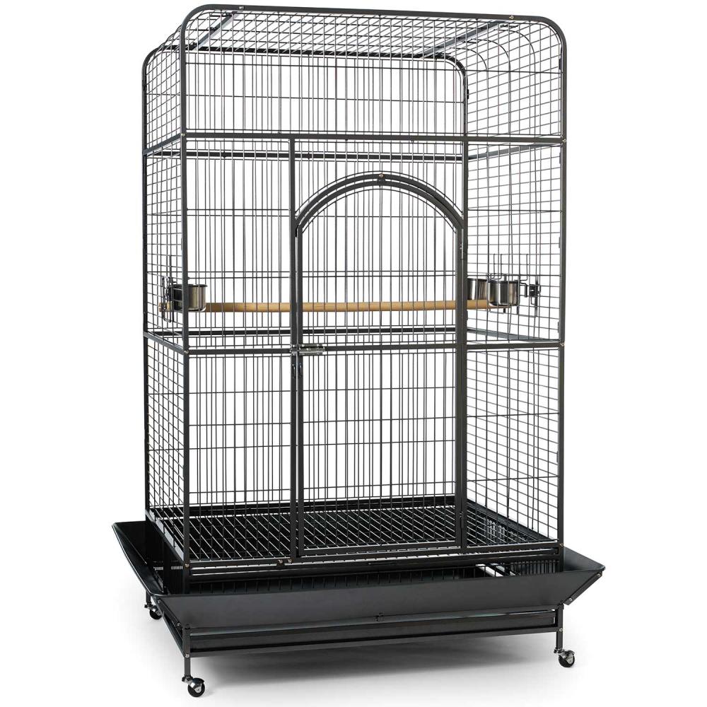 Black bird cage with a stand on a white background
