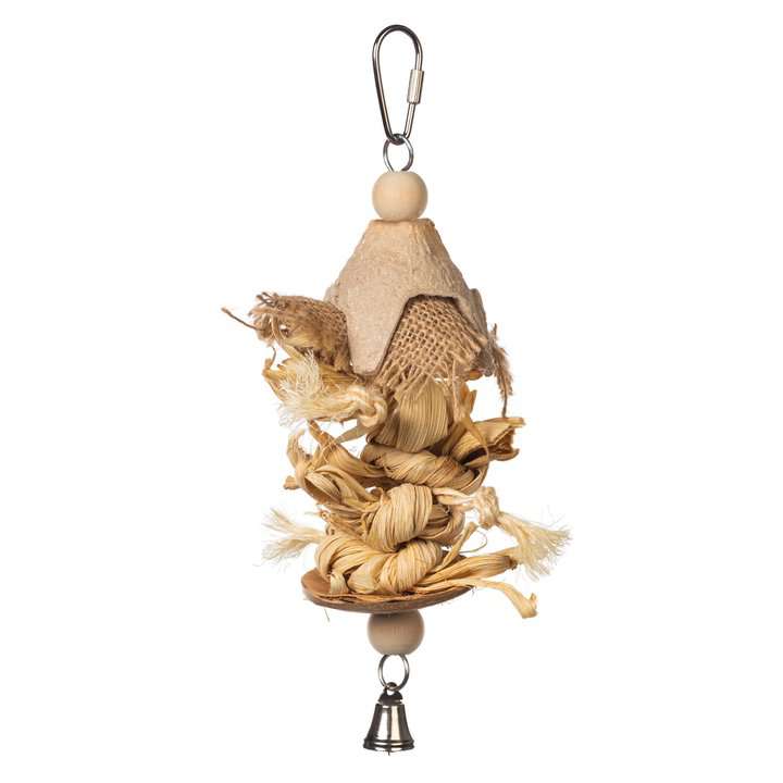 Bird toy with natural elements on a white background