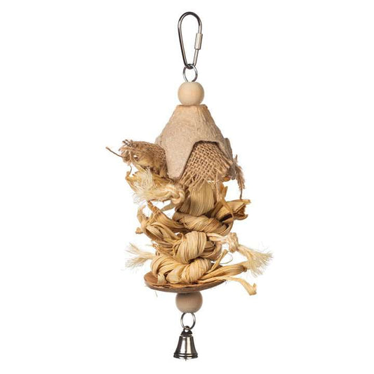 Bird toy with natural elements on a white background