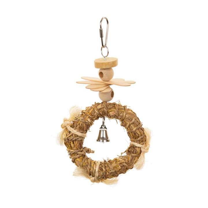 Bird toy with straw wreath, wooden bead, and bell on a white background
