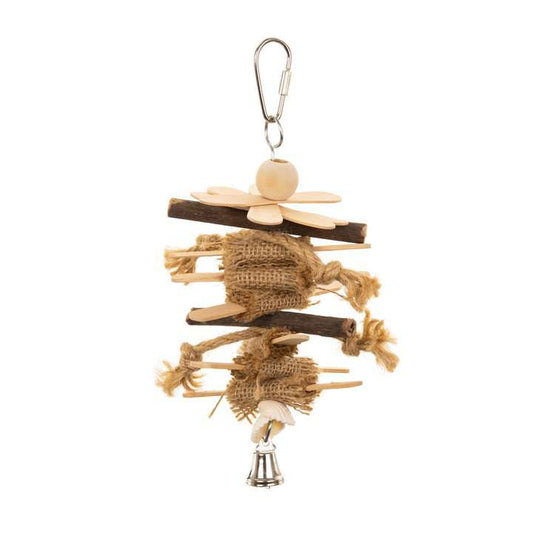 Bird toy with wooden elements and a bell on a white background