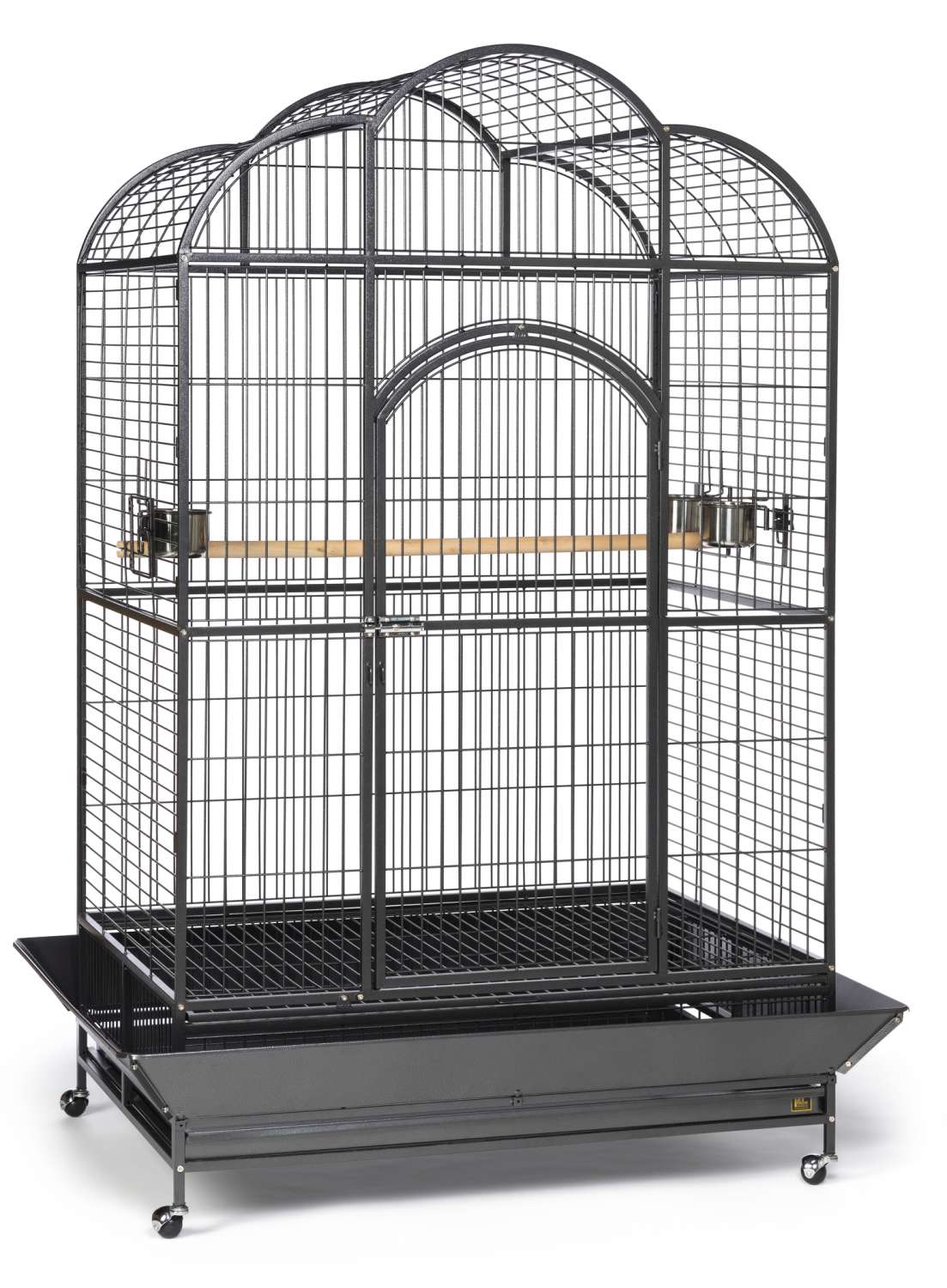 Large bird cage with a black metal frame on a white background