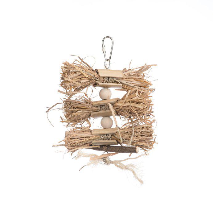 Bird toy made of straw and wood with a hanging hook on a white background