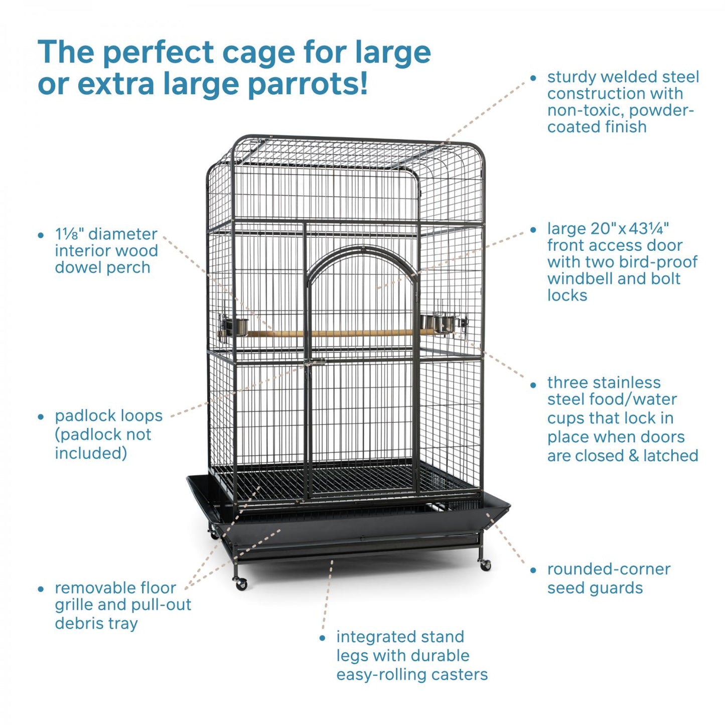 Bird cage with features listed on a white background