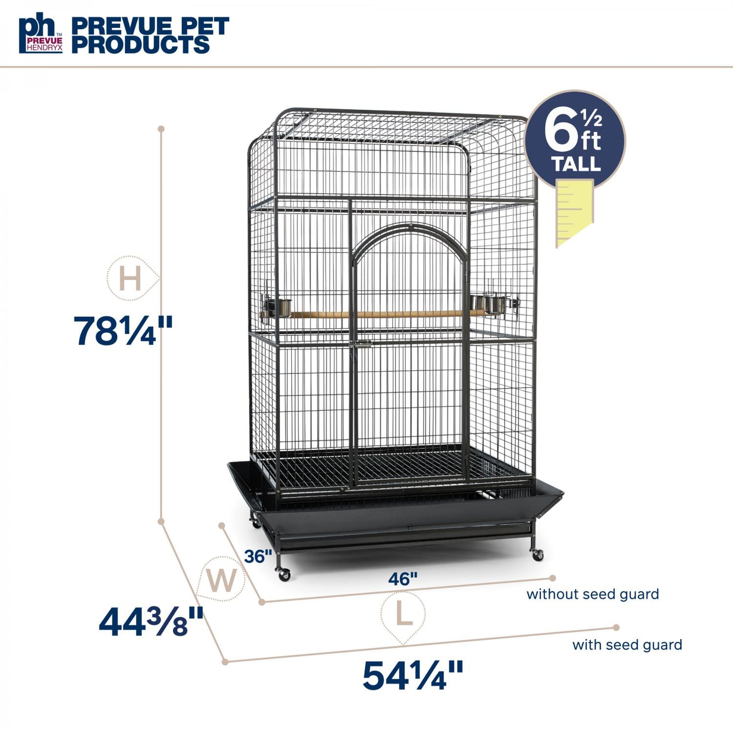 Pet cage with dimensions and Prevue Pet Products branding