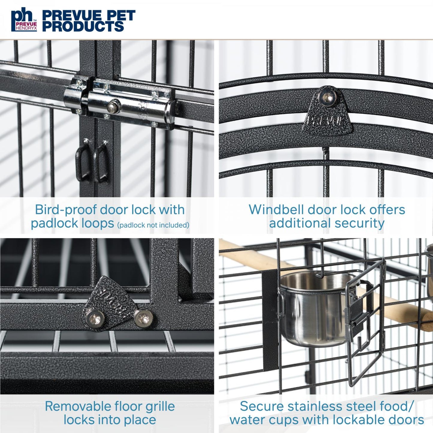 Prevue Pet Products bird cage with features highlighted, including a bird-proof door lock, windbell door lock, removable floor grille, and secure stainless steel food/water cups.