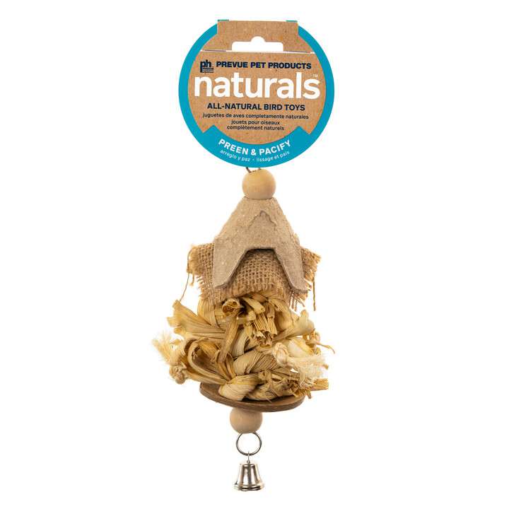 Bird toy with natural elements on a white background, featuring Prevue Pet Products Naturals branding.