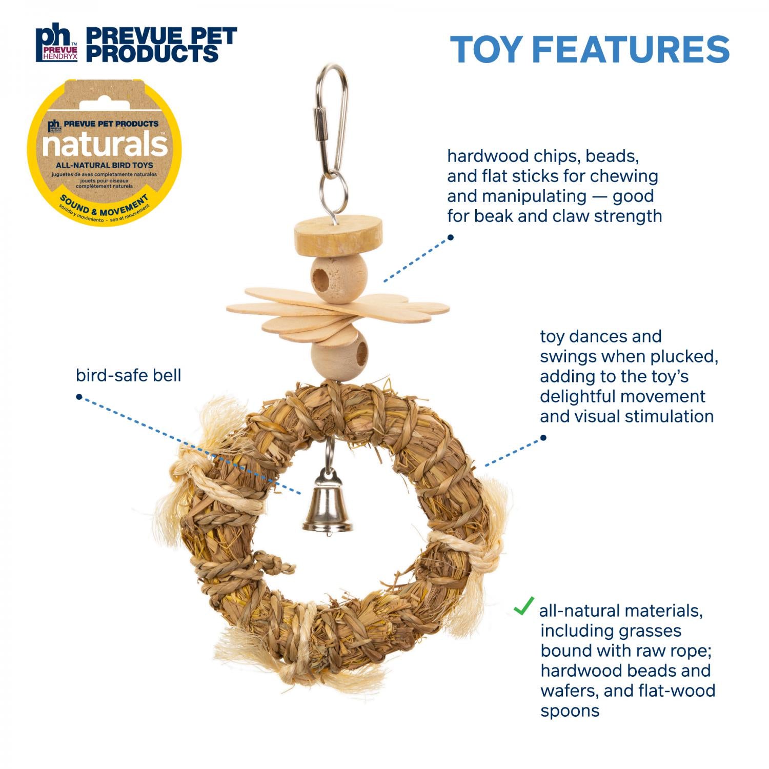 Prevue Pet Products bird toy with features highlighted on a white background