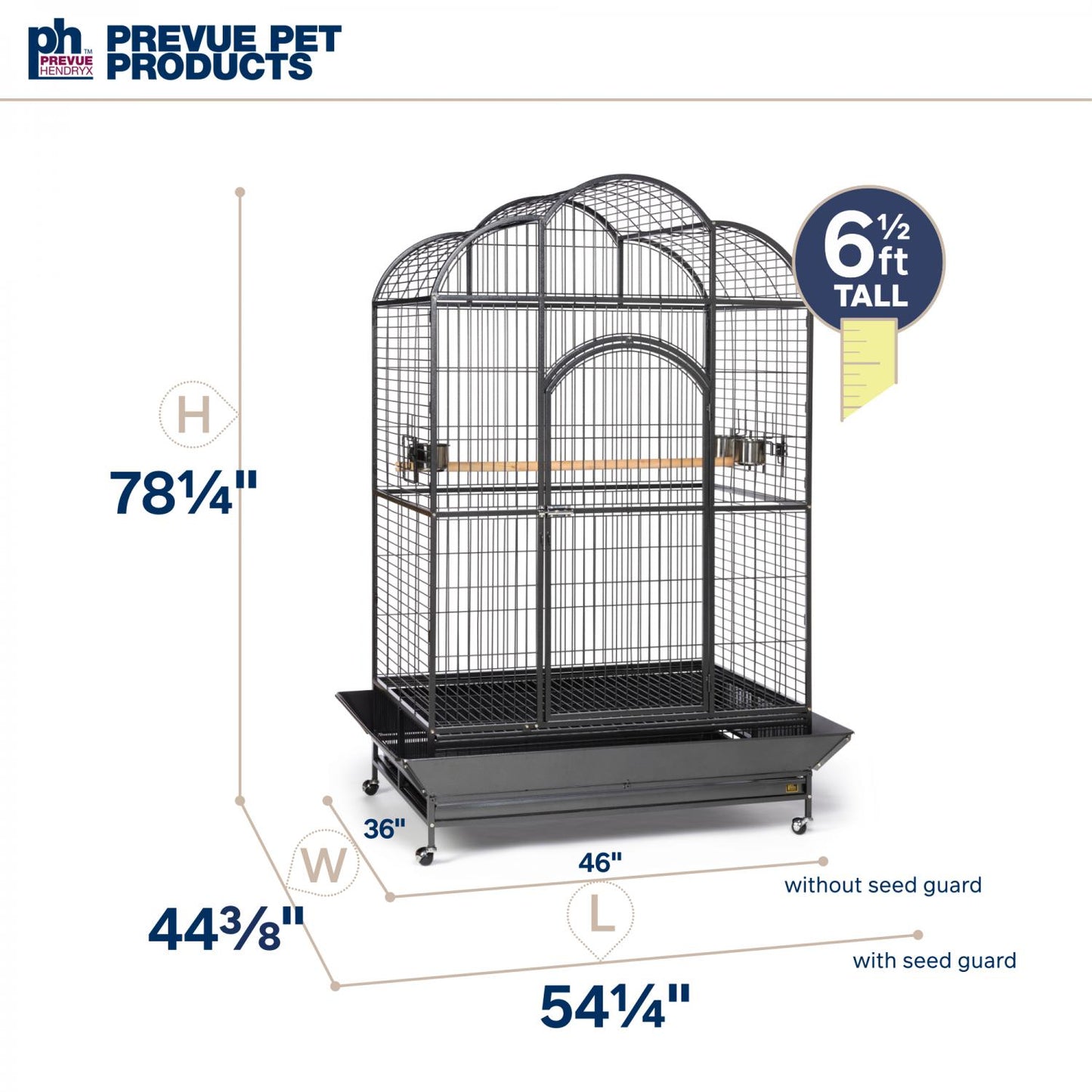 Bird cage with dimensions labeled, featuring Prevue Pet Products branding.