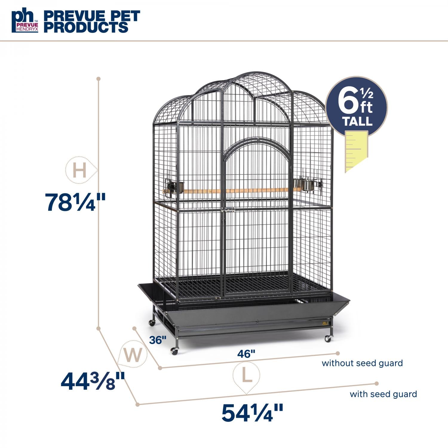 Bird cage with dimensions labeled, featuring Prevue Pet Products branding.