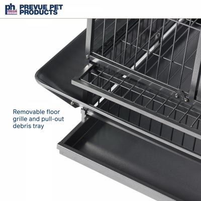 Pet cage with removable floor grille and pull-out debris tray, featuring Prevue Pet Products branding.