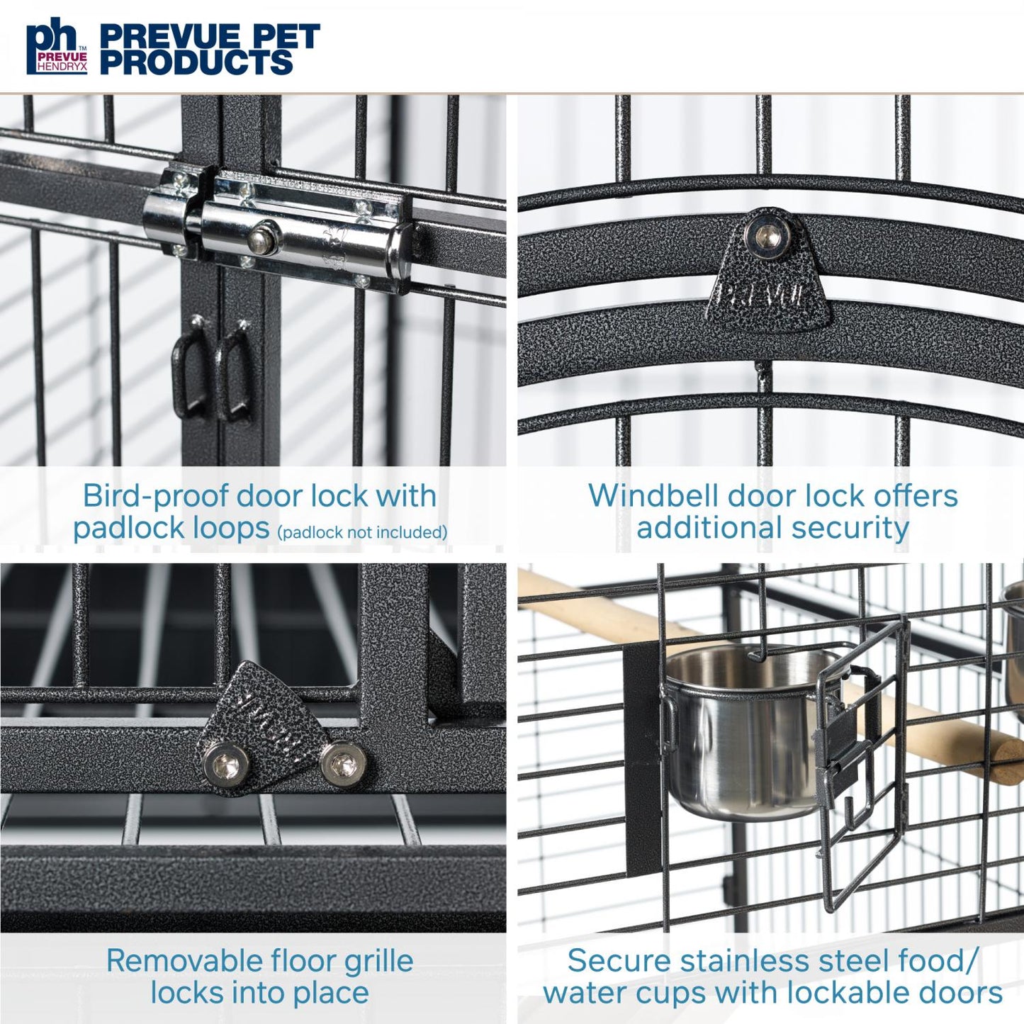 Prevue Pet Products bird cage with features highlighted, including a bird-proof door lock, windbell door lock, removable floor grille, and secure stainless steel food/water cups.