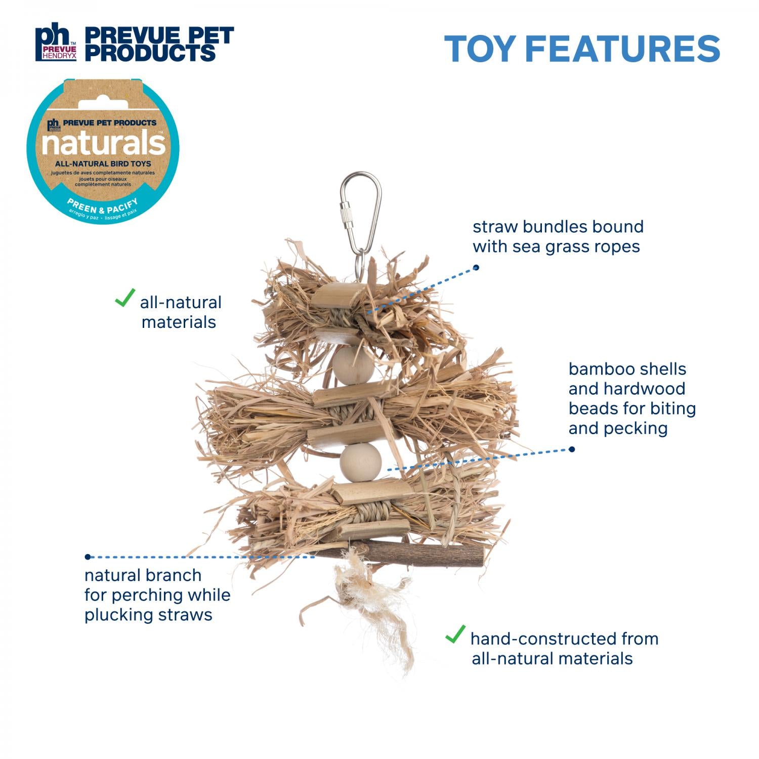 Prevue Pet Products natural bird toy with features highlighted on a white background