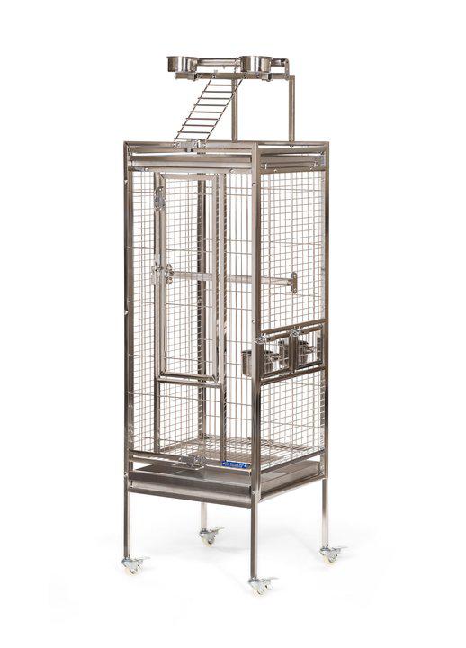 Stainless steel bird cage on a white background