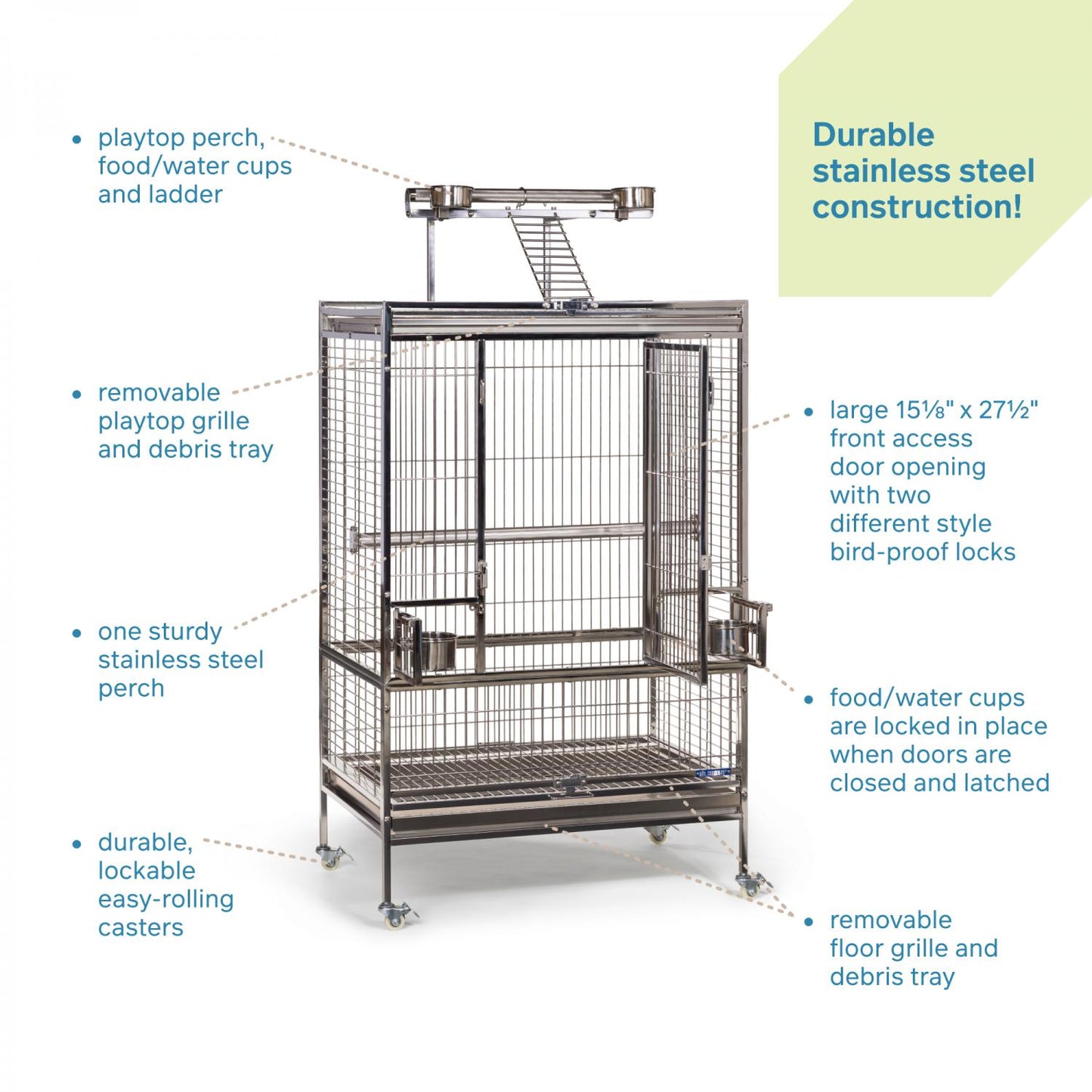 Bird cage with features highlighted on a white background