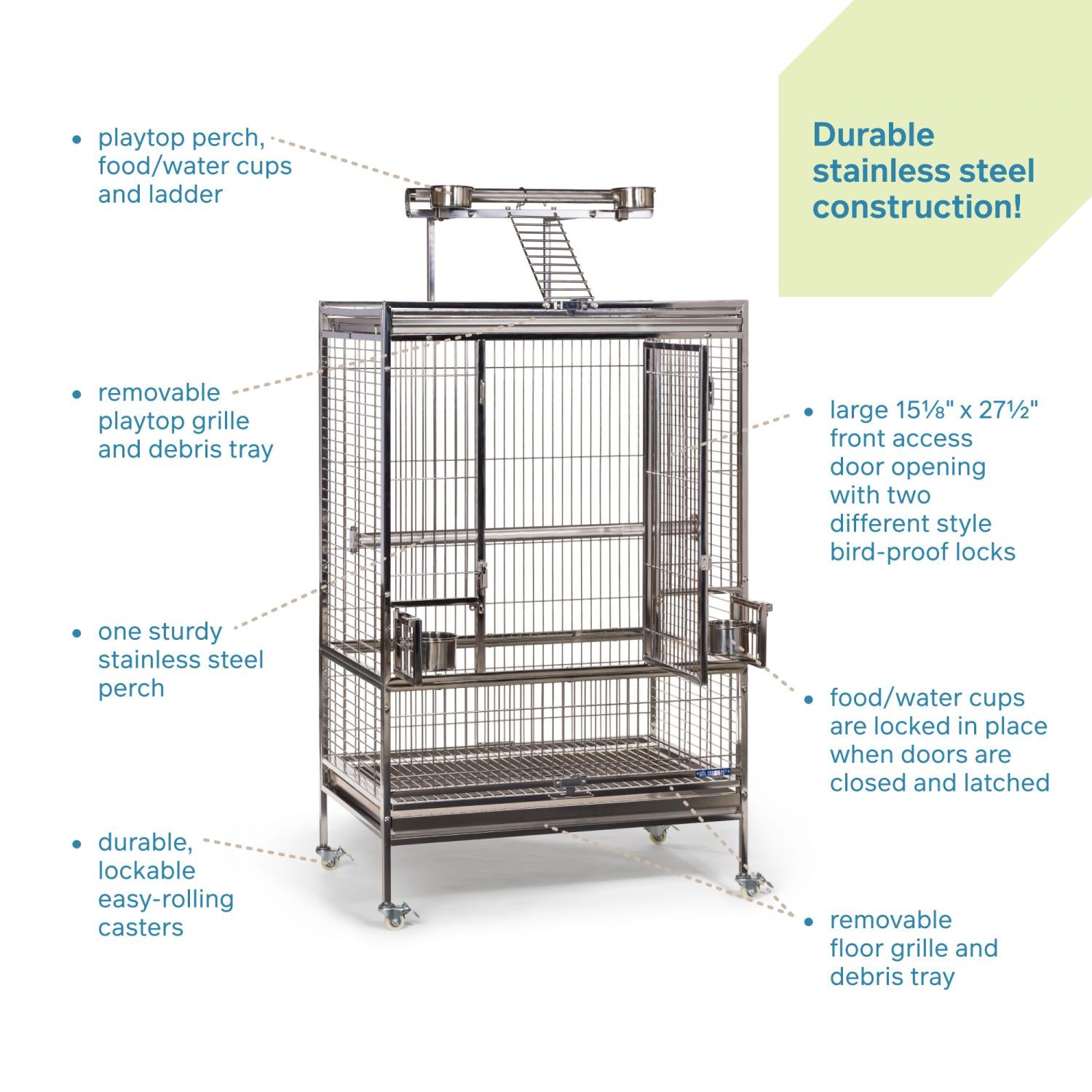 Bird cage with features highlighted on a white background