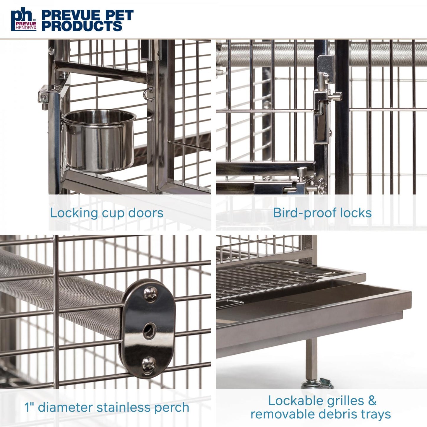 Prevue Pet Products cage with features highlighted on a white background