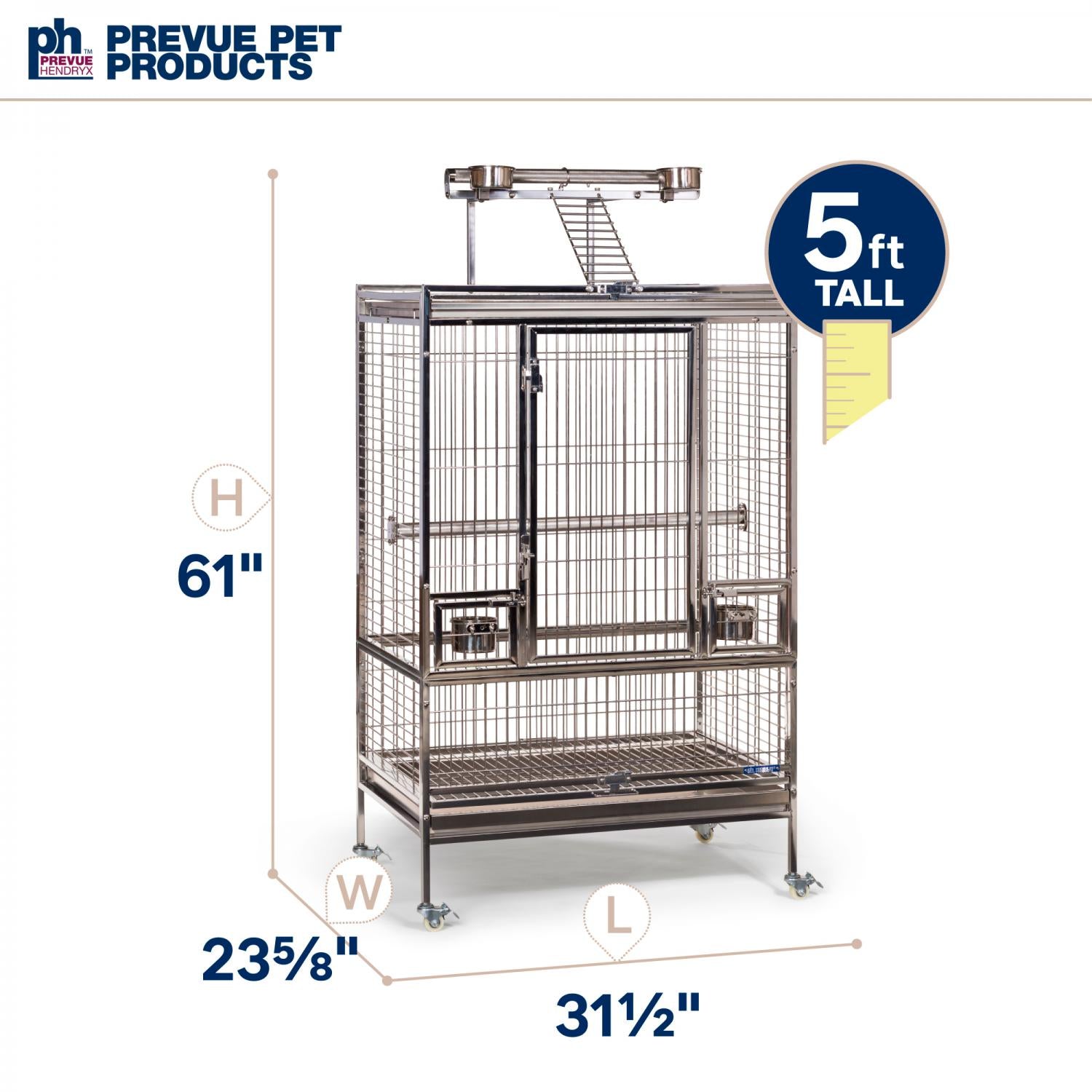 Pet cage with dimensions and Prevue Pet Products branding on a white background