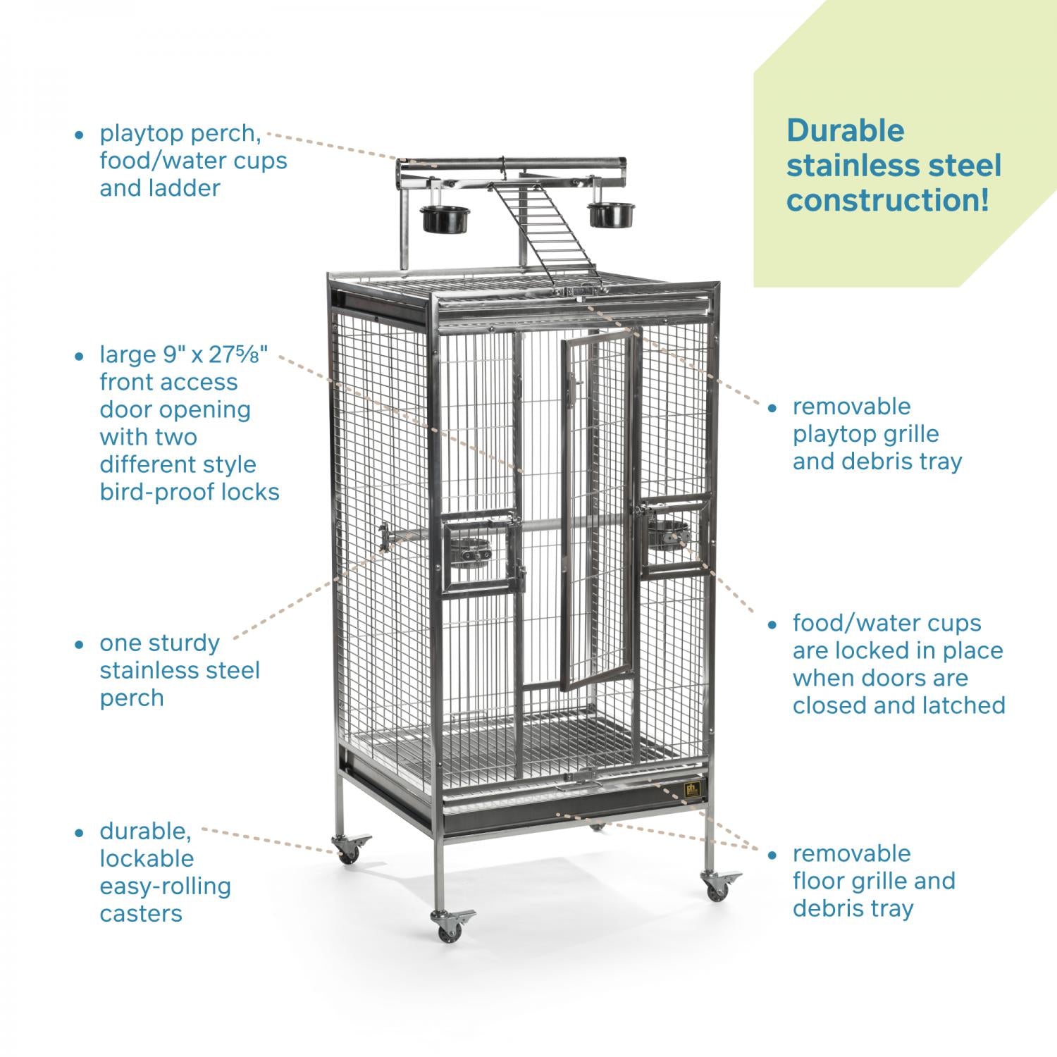 Bird cage with features highlighted on a white background