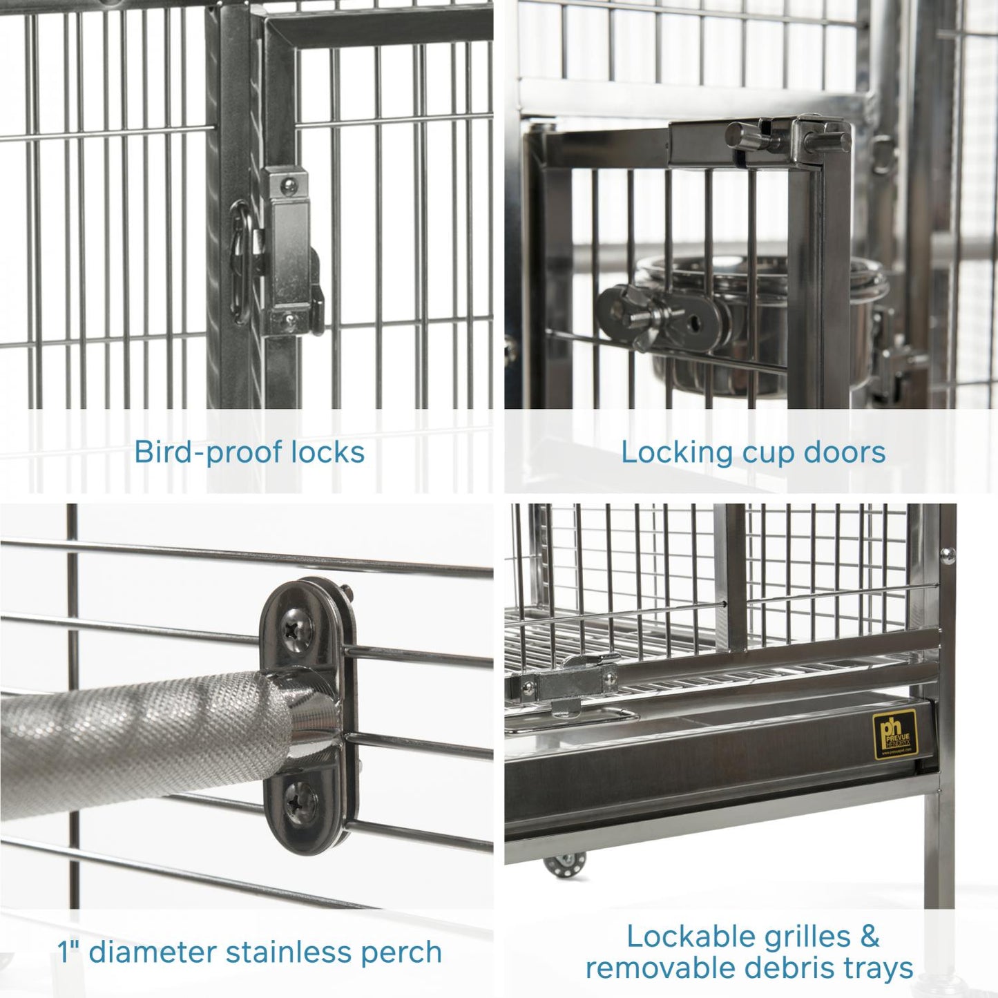 Bird cage with bird-proof locks, locking cup doors, 1-inch diameter stainless perch, and lockable grilles & removable debris trays.
