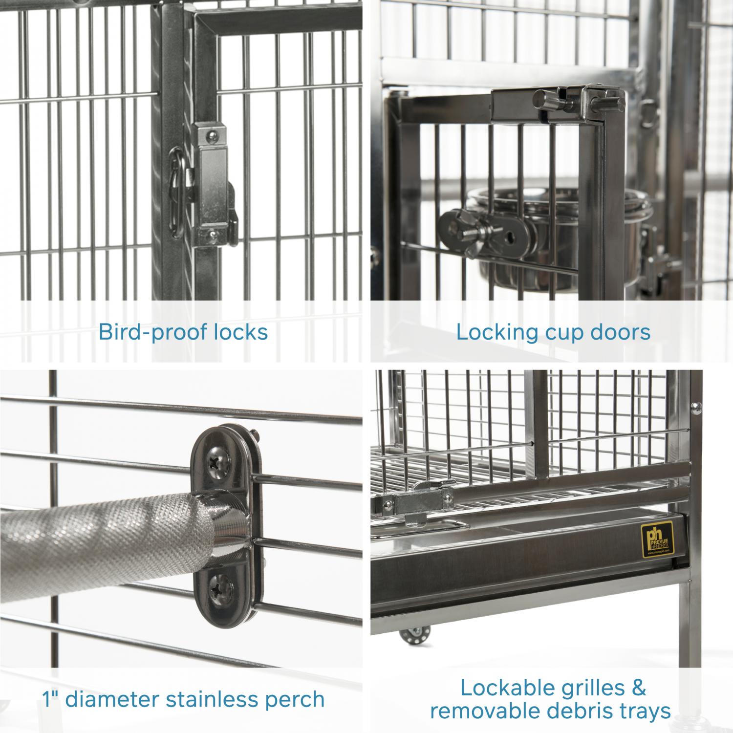 Bird cage with bird-proof locks, locking cup doors, 1-inch diameter stainless perch, and lockable grilles & removable debris trays.