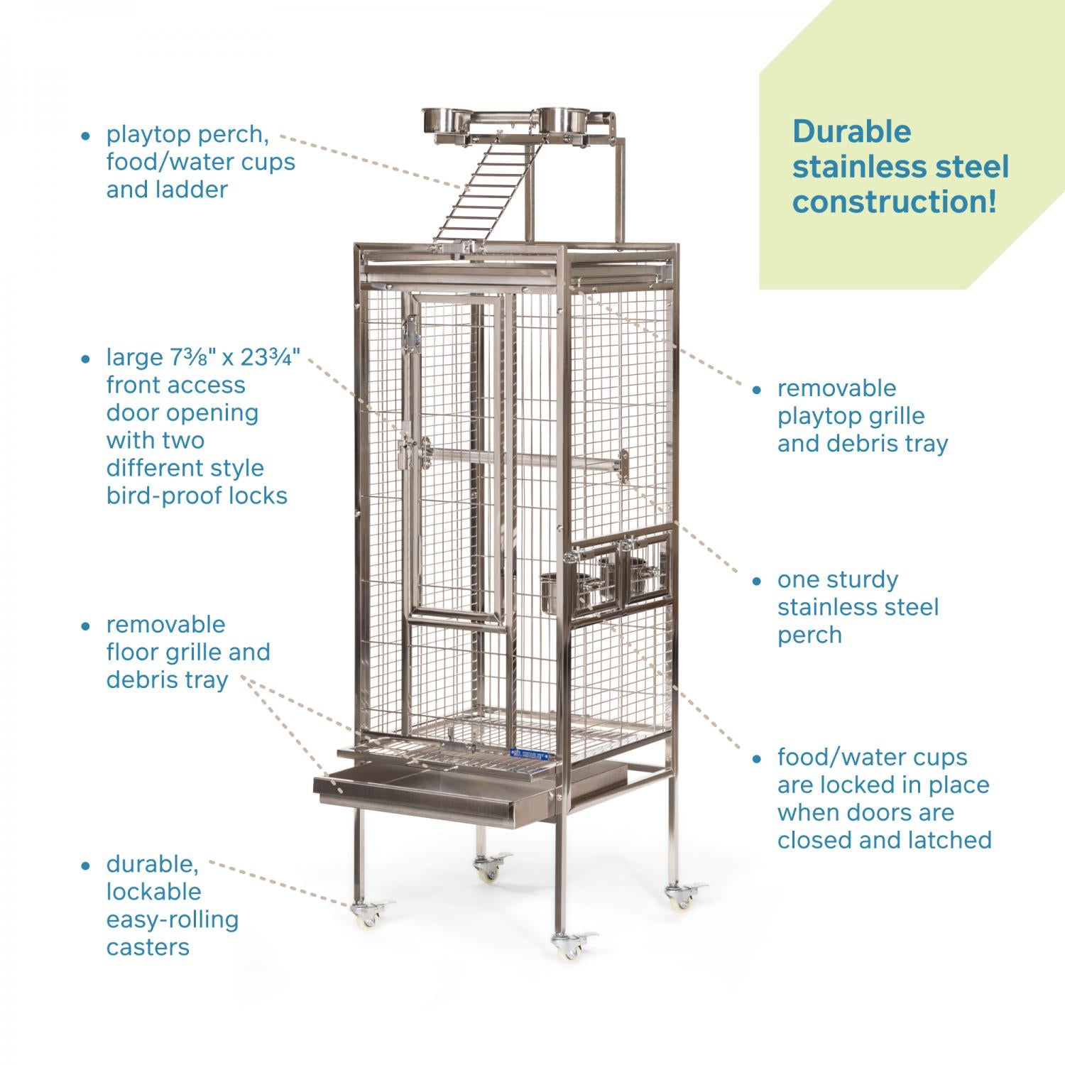 Stainless steel bird cage with features highlighted on a white background