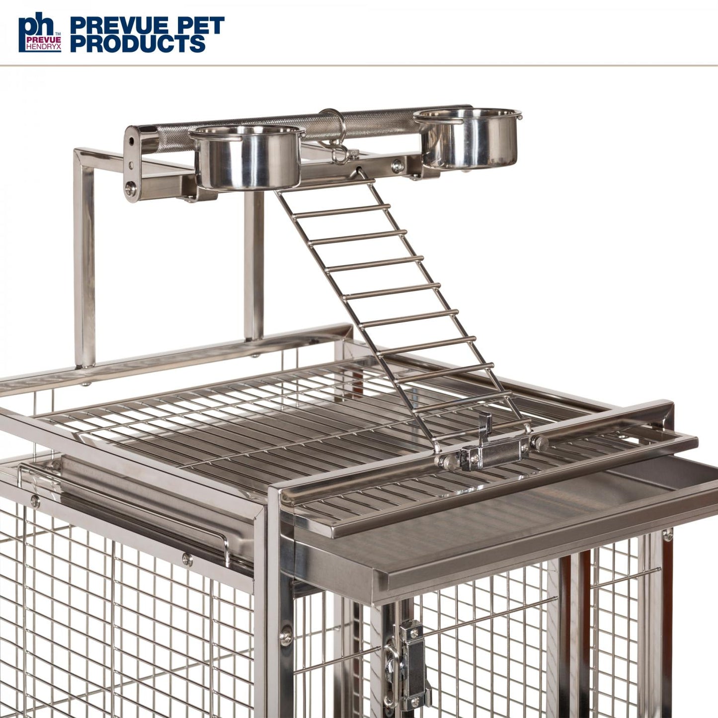 Metal pet cage with platforms, ladder, and food bowls on a white background, featuring Prevue Pet Products branding.