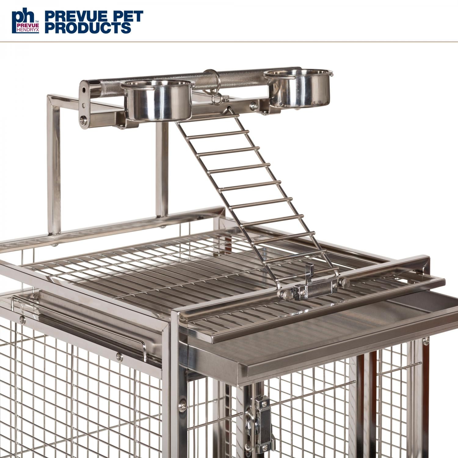 Metal pet cage with platforms, ladder, and food bowls on a white background, featuring Prevue Pet Products branding.
