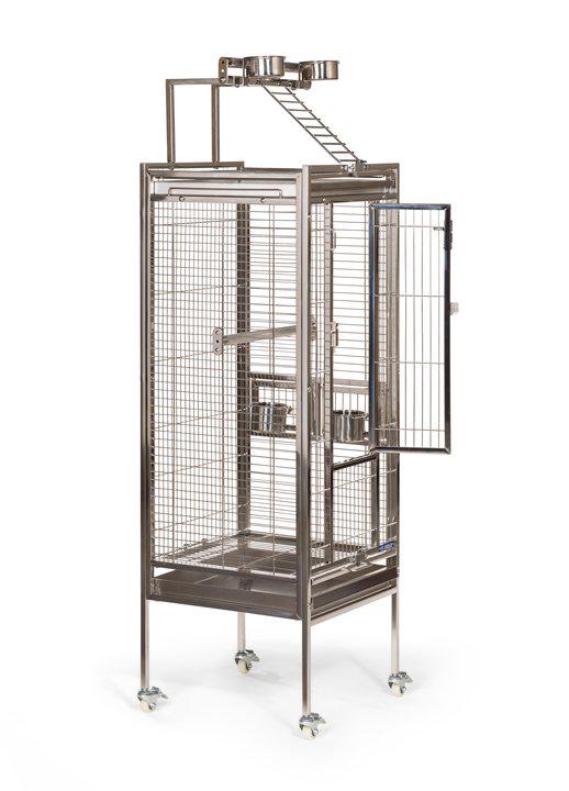 Large bird cage with multiple levels on a white background