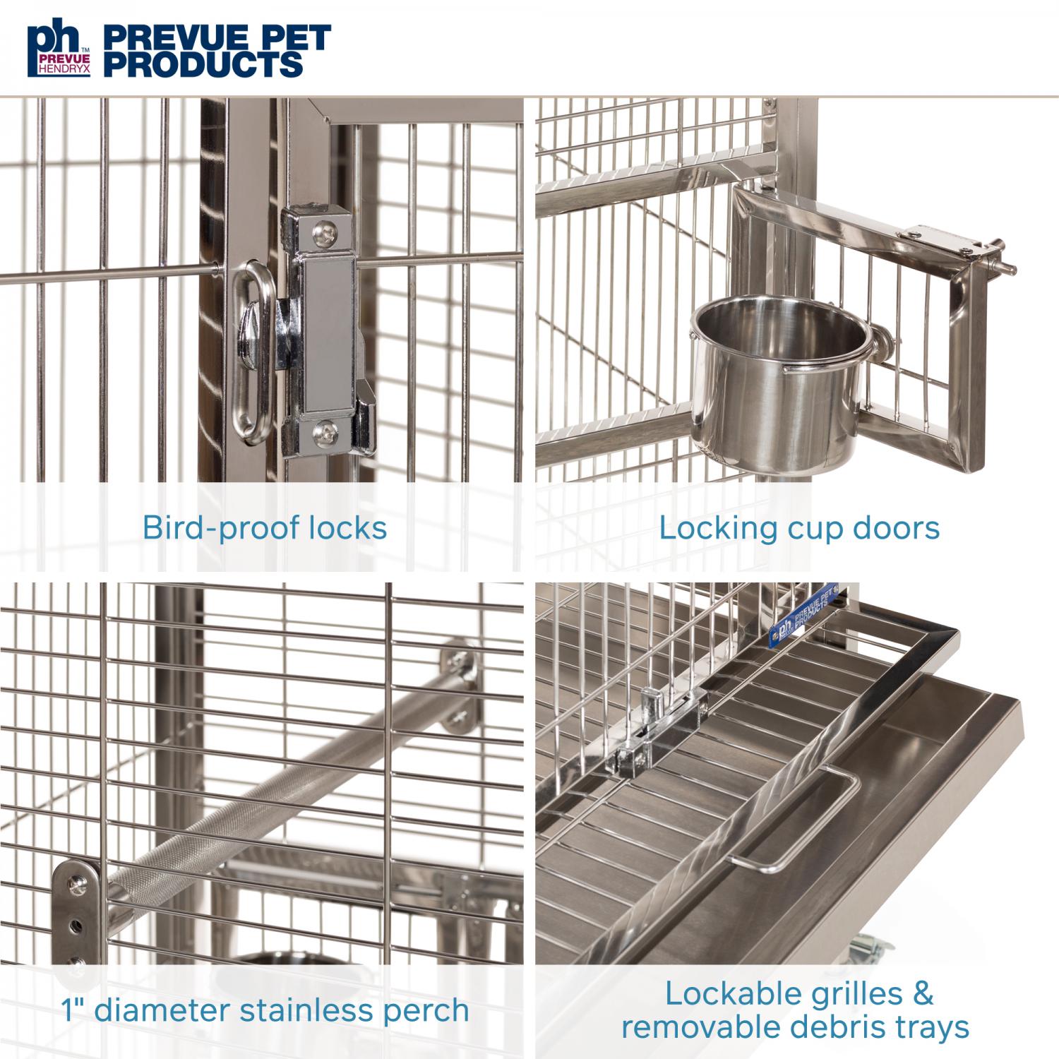 Prevue Pet Products cage with bird-proof locks, locking cup doors, stainless perch, and lockable grilles.
